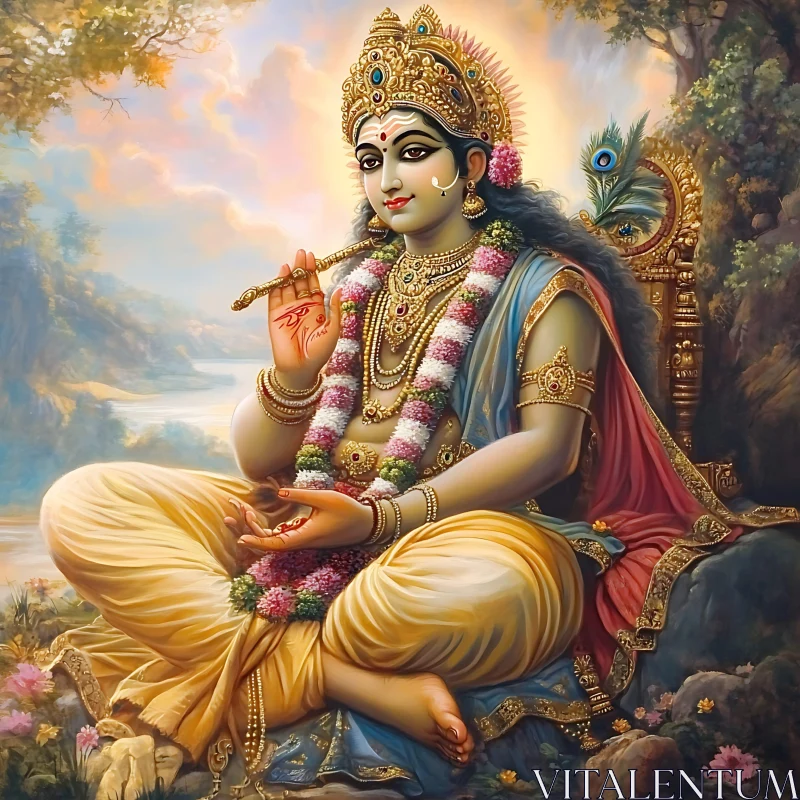 Krishna Seated with Flute in a Serene Landscape AI Image