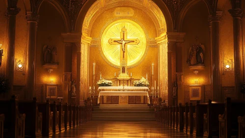 Golden Lit Church with Intricate Altar Design