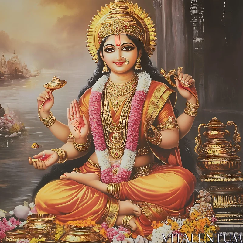 AI ART Golden Goddess in Meditative Pose with Four Arms