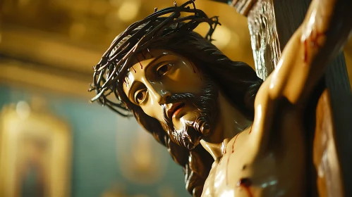 Intricate Crucifixion Sculpture with Crown of Thorns