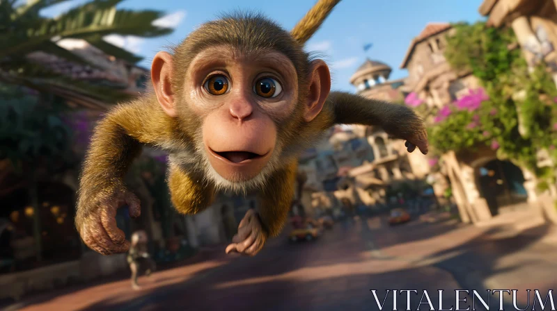 Curious Monkey in Action Amidst Urban Setting AI Image