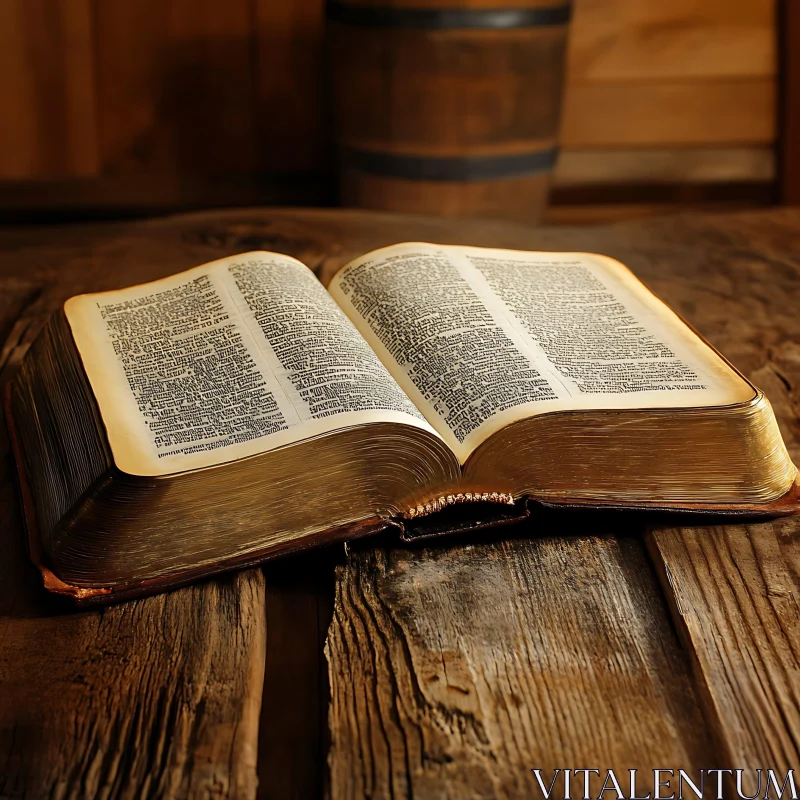 Vintage Book with Yellowed Pages on Wooden Surface AI Image