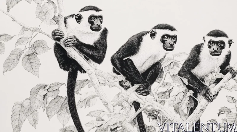 Monkeys in Black and White Pen Art AI Image