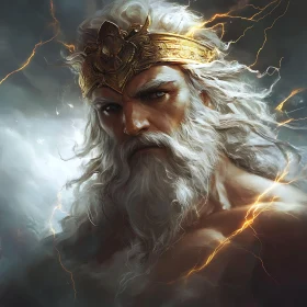 Powerful Deity Surrounded by Lightning - Majestic Beard and Golden Crown