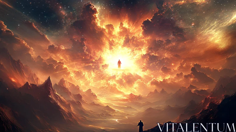 AI ART Fiery Clouds and Ethereal Presence in Surreal Landscape