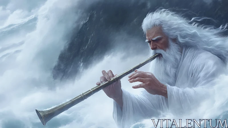 AI ART Ancient Deity with Flute in Stormy Sea