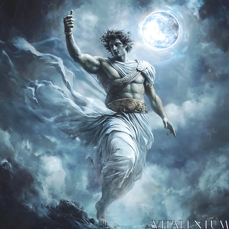 Divine Male Figure in Ethereal Moonlit Clouds AI Image