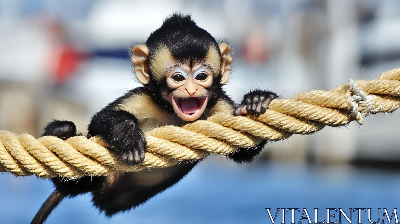 Playful Baby Monkey on a Rope AI Image