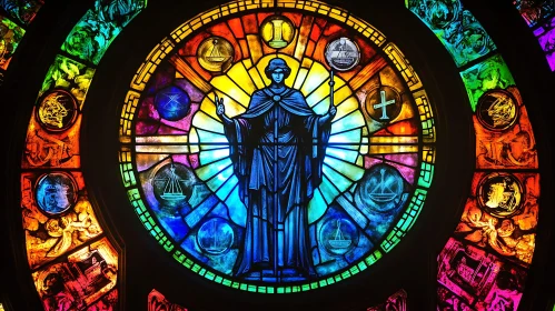 Vibrant Stained Glass Window with Symbolic Elements