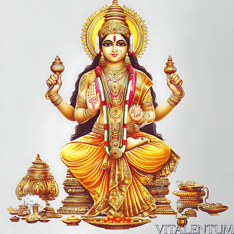 Serene Hindu Goddess Surrounded by Artifacts AI Image