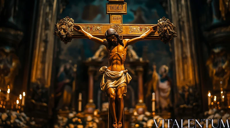 Intricately Carved Crucifix in Church Setting AI Image