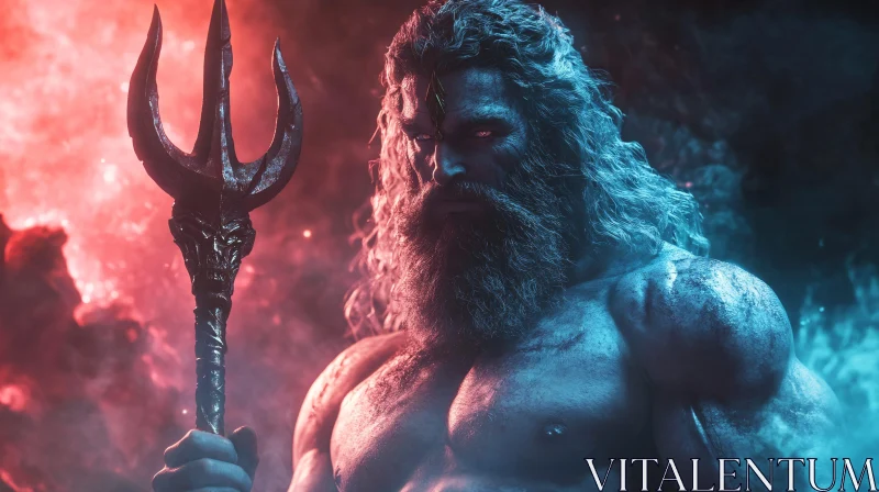 Mythical God with Trident in Red and Blue Mist Mythical God with Trident in Red and Blue Mist