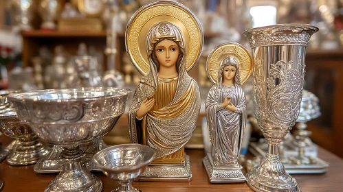 Religious Sculptures and Ornate Silver Decor