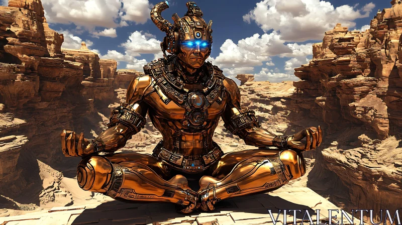Futuristic Meditation: Golden Robot in Desert Futuristic Meditation: Golden Robot in Desert