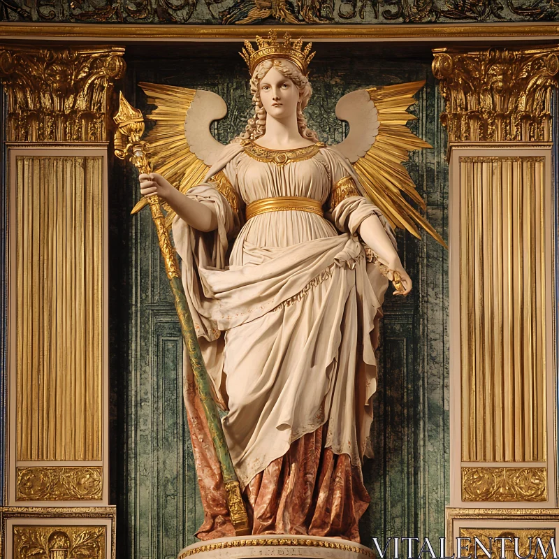 Majestic Angel Sculpture with Crown and Torch AI Image