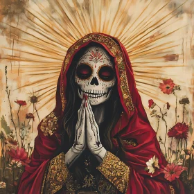 Skeleton in Red Cloak with Radiant Background