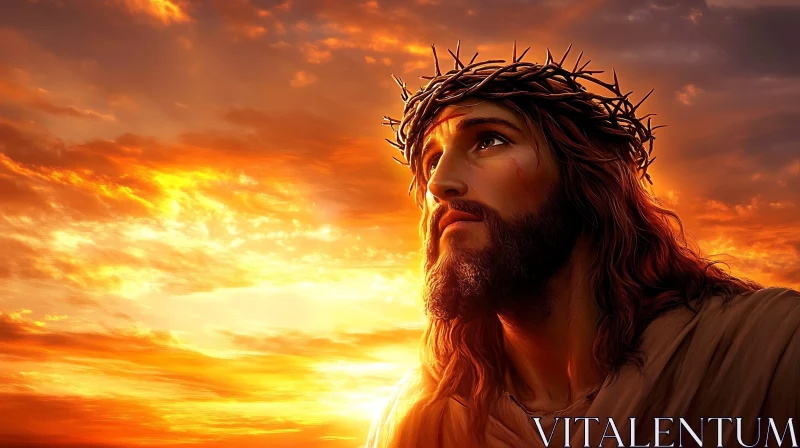 Christ at Sunset in a Contemplative Pose AI Image