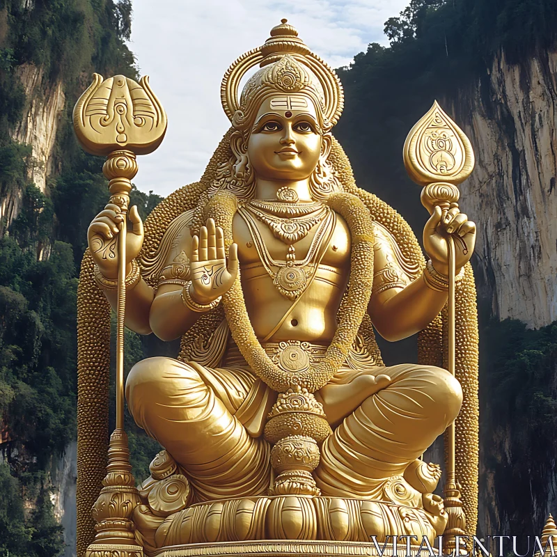 Ornate Golden Hindu God Statue in Natural Backdrop AI Image