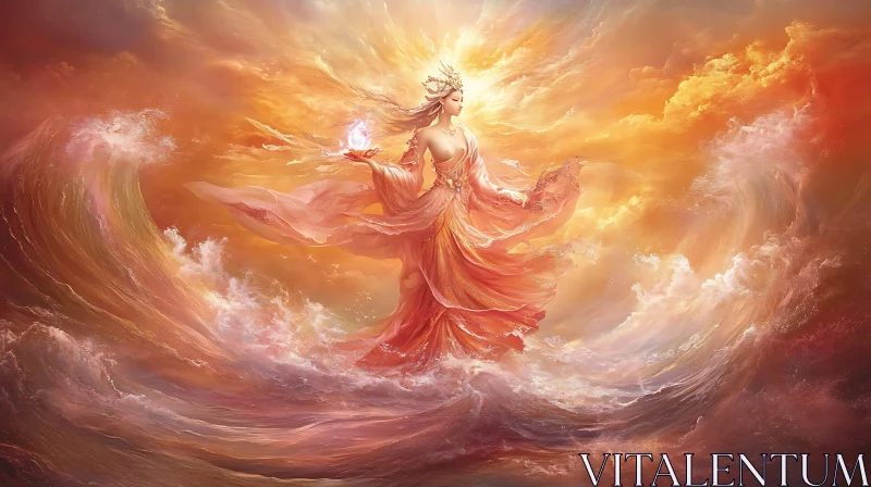 AI ART Mystical Goddess in Flowing Orange Robes with Radiant Light