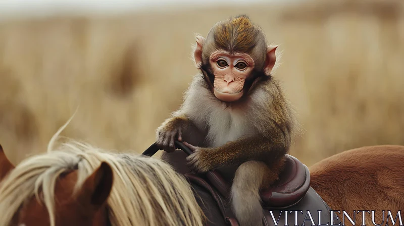 Young Monkey on a Horse Saddle in the Fields AI Image