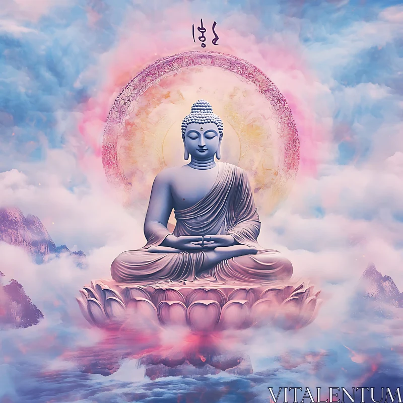 Peaceful Buddha Statue Amidst Clouds AI Image