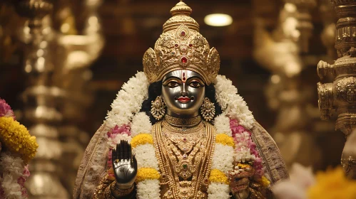 Intricate Hindu God Statue with Floral Garlands