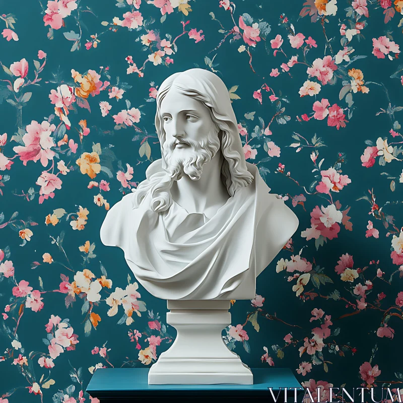 Marble Sculpture Against Floral Background AI Image