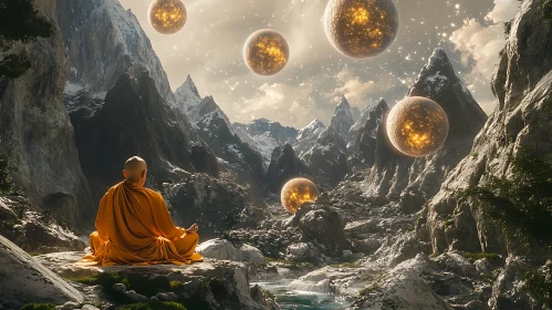 Ethereal Orbs and Serene Monk in Mountain Landscape