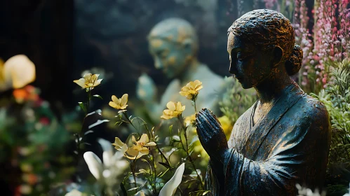 Peaceful Statue Surrounded by Floral Elegance