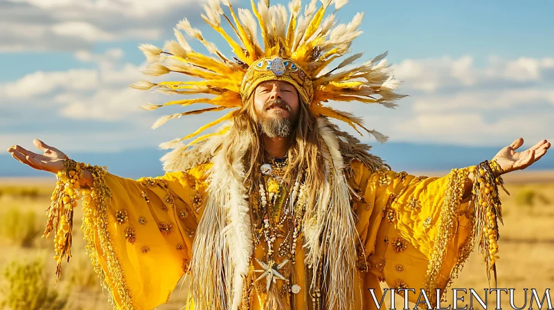 Man Dressed in Yellow with Feather Headdress, Arms Outstretched AI Image