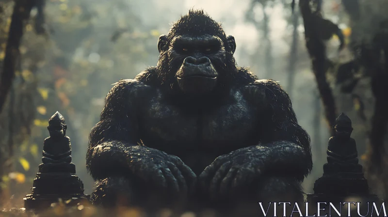 Majestic Gorilla with Ancient Statues in Wild Forest AI Image