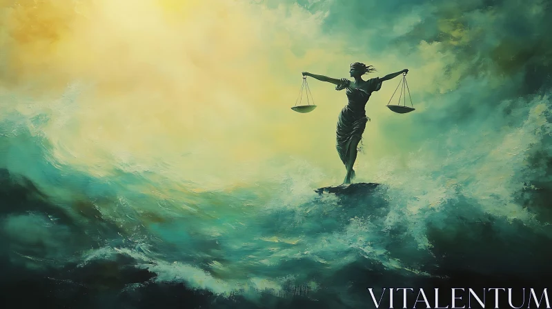 Lady Justice Amidst Turbulent Waves AI Image