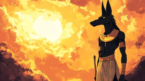 Ancient Egyptian Jackal God at Sunset