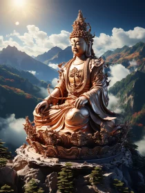 Enormous Bronze Deity Sculpture Amidst Mountain Landscape