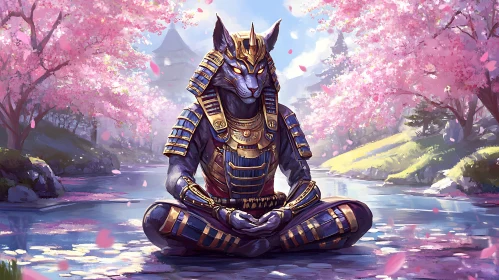 Meditative Cat Warrior with Cherry Blossom Background