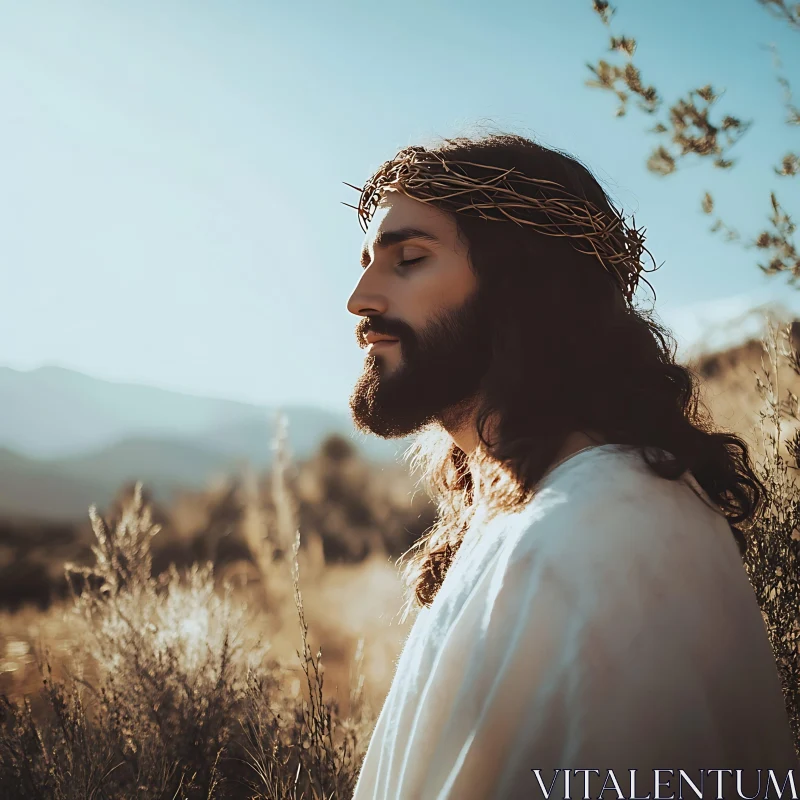 Contemplative Man in Crown of Thorns Outdoors AI Image