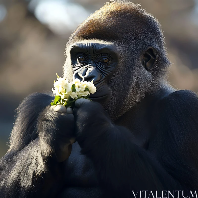 AI ART Gentle Gorilla with a Bouquet of White Flowers