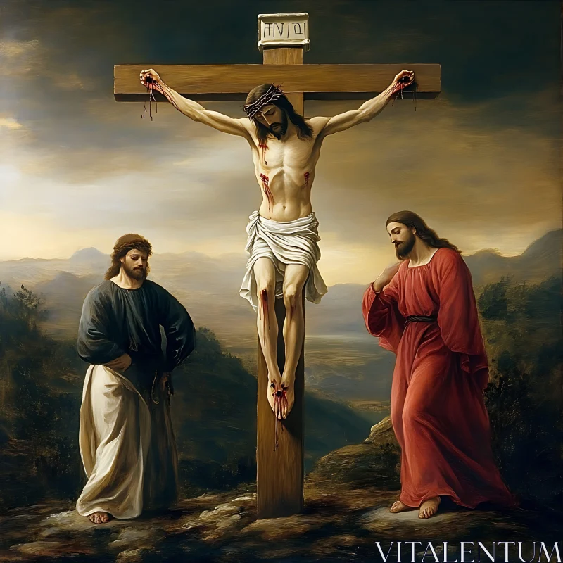 Biblical Crucifixion Painting with Mourners AI Image