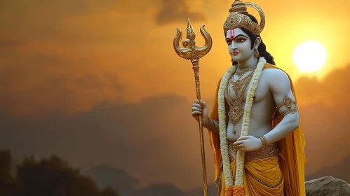 Divine Hindu God with Golden Jewelry and Sunset