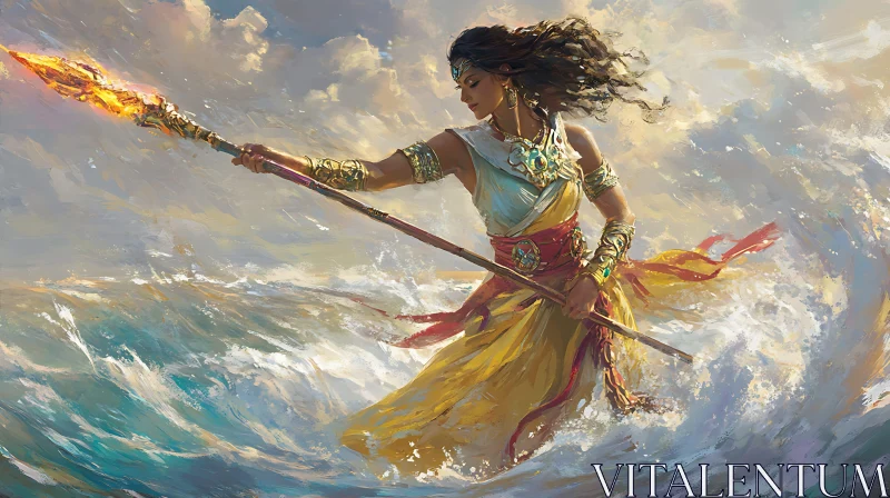 AI ART Female Warrior with Blazing Spear in Rough Seas