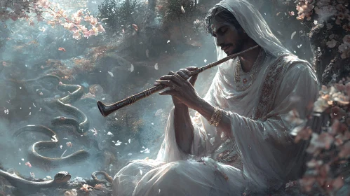 Serene Flutist in Mystical Woodland