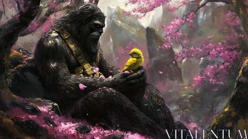 Serene Encounter: Gorilla and Yellow Bird in Cherry Blossom Forest AI Image