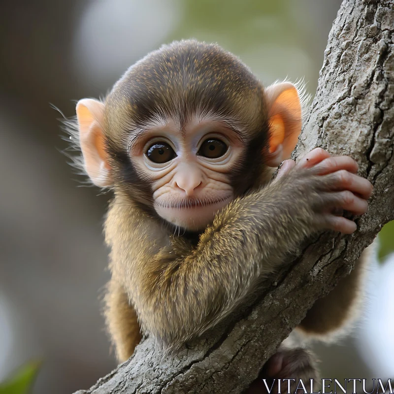 AI ART Cute Baby Monkey Holding Tree Branch