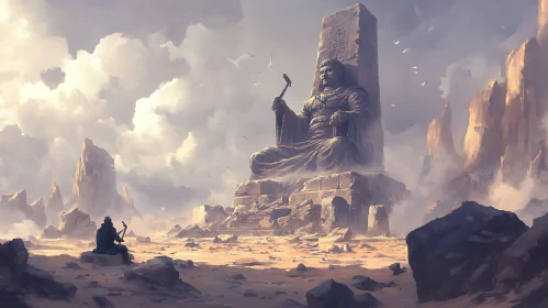 Colossal Ancient Statue amidst Desert Ruins