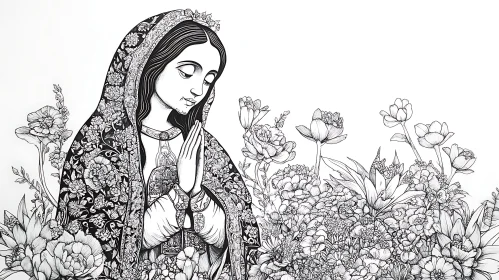 Devotional Saint with Intricate Floral Patterns and Blooms