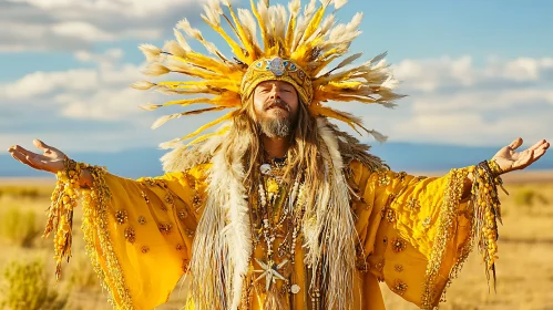 Man Dressed in Yellow with Feather Headdress, Arms Outstretched