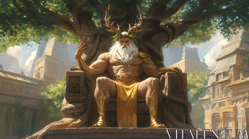 Mythical Forest Deity on an Intricate Tree Throne AI Image