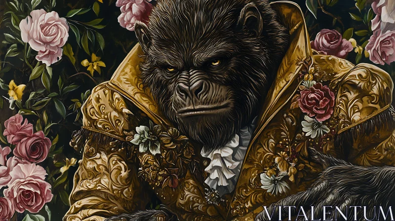 Gorilla in Gold Amidst Roses AI Image