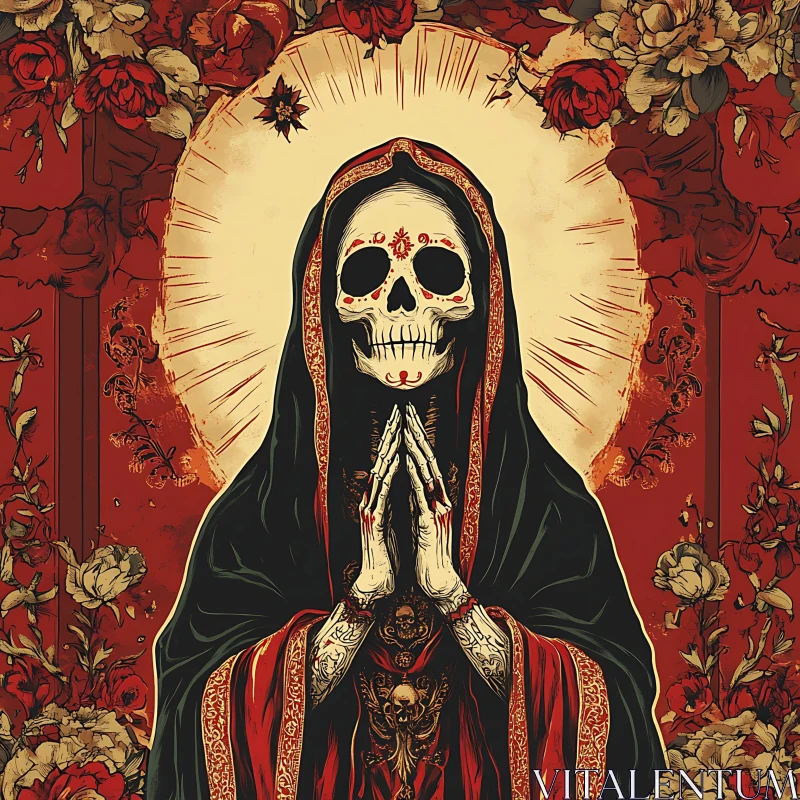 Medieval Skeletal Prayer in Floral Gothic Style AI Image