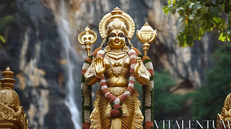 Golden Divine Statue Amidst Nature AI Image